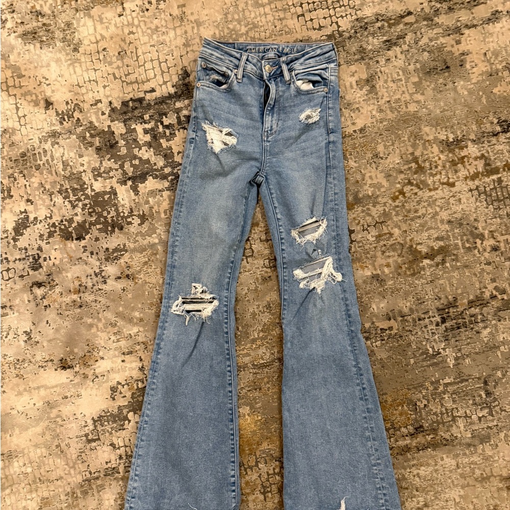 American Eagle Outfitters Light Blue Distressed Boot Cut Jeans Next Level Stretc